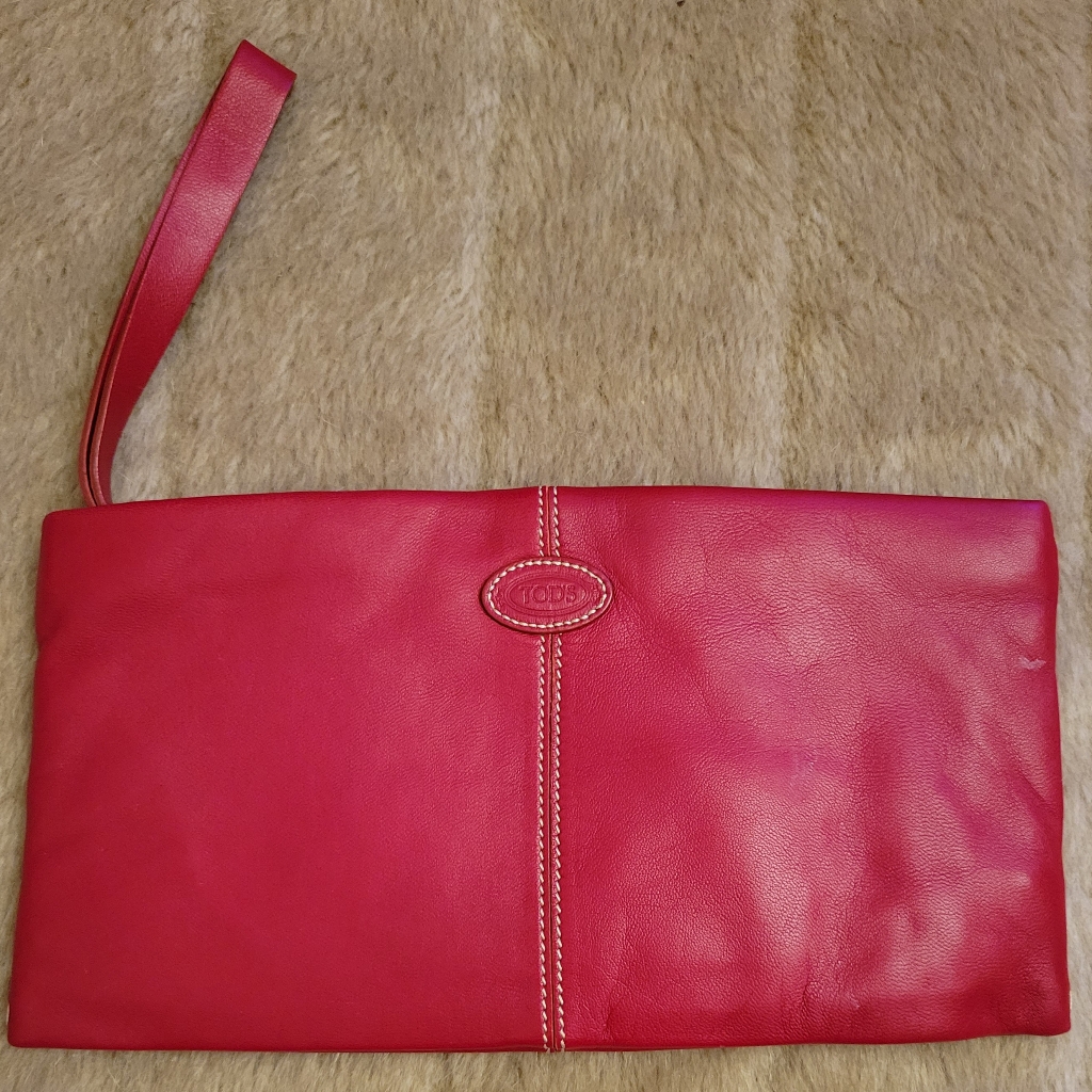 New Tod's Rich Red Leather Clutch / Wristlet / Makeup Bag